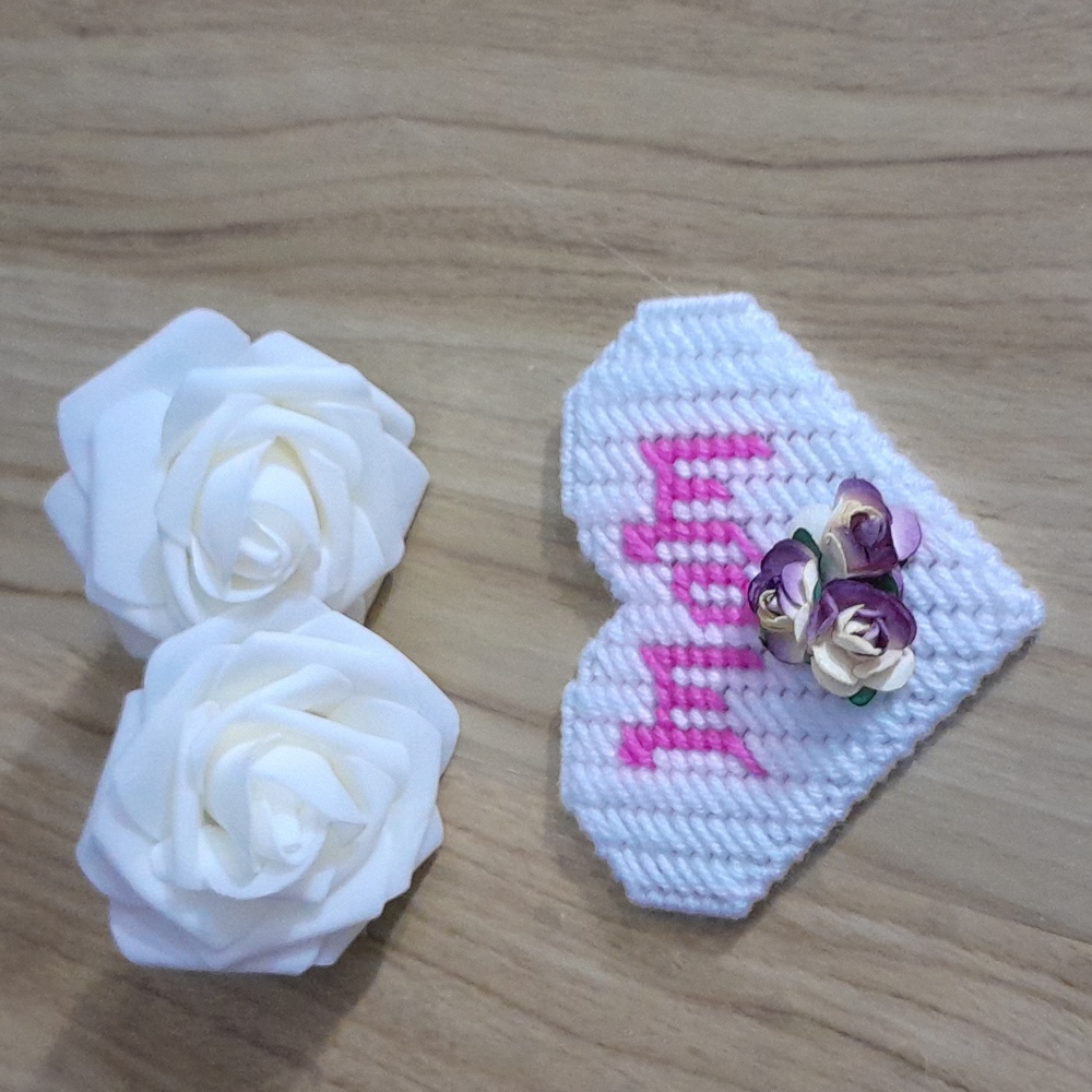 Handmade Plastic Canvas Heart with flowers magnet